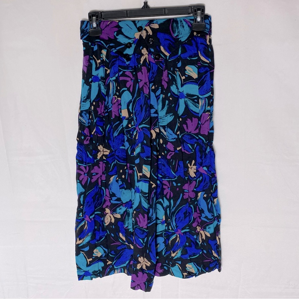 Vintage Hibiscus Blue Purple Floral Midi Skirt S